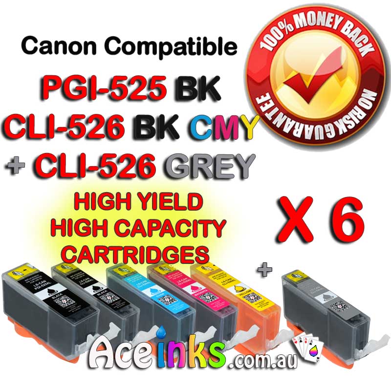 6 Combo Compatible Canon PGI-525BK/CLI-526BK GREY C/M/Y